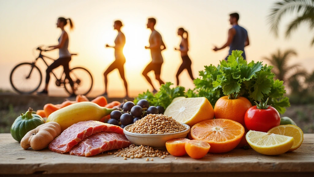 Varietà di cibi sani e persone attive che simboleggiano uno stile di vita equilibrato e nutrizione